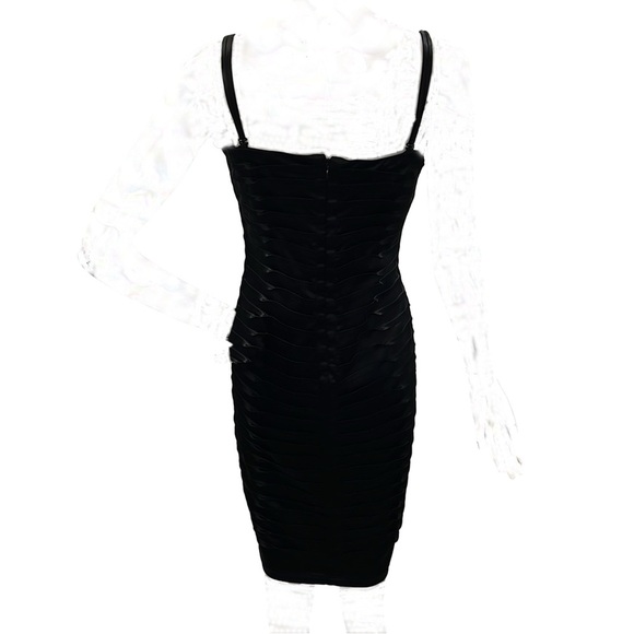 CALVIN KLEIN BodyCon Black Satin Macro Pleated Cocktail Sleeveless Dress SZ8 - Picture 6 of 7
